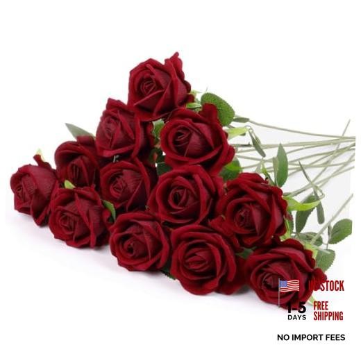 12 Pcs Artificial Rose Flowers Silk Roses with Long Stems, Realistic Dark Red