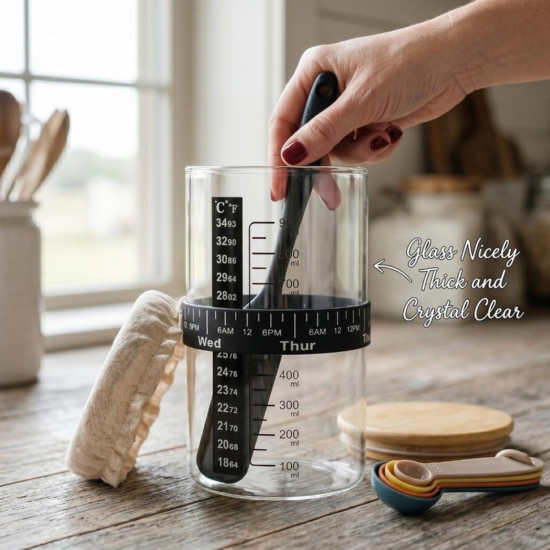 34oz Wide Mouth Sourdough Fermentation Jar, Complete Starter Kit with Feeding gallery