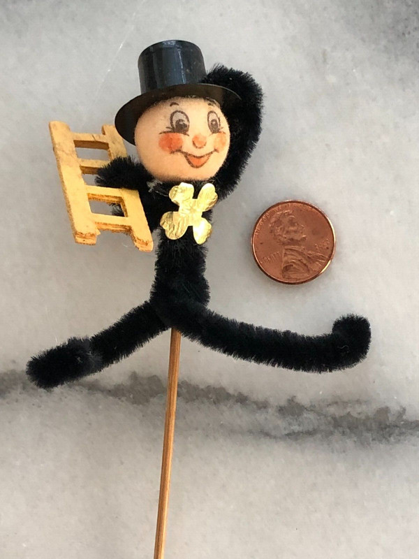 Vintage Chenille Pick Chimney Sweep Man w Hat and Ladder CUTE!