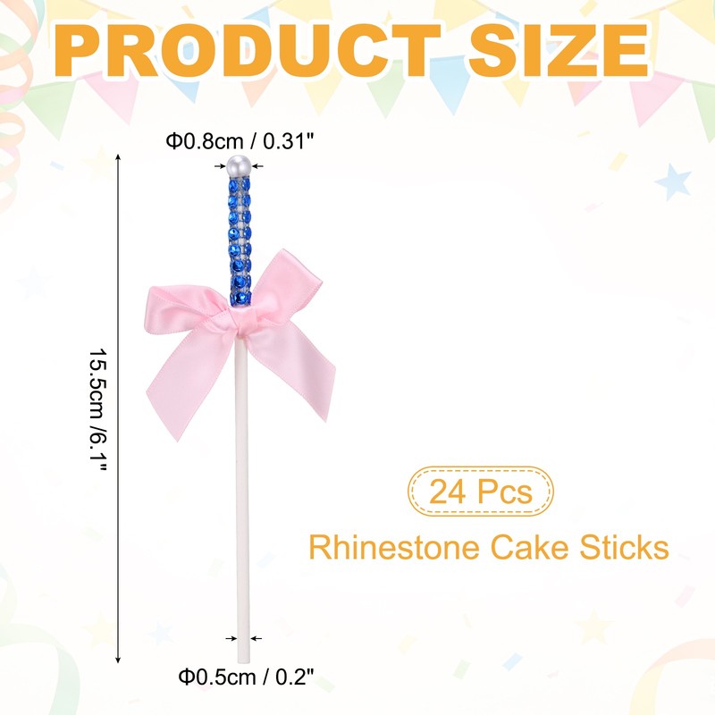 24PCS Bling Rhinestone Cake Sticks Bow Lollipop Cake Toppers Pick Blue gallery