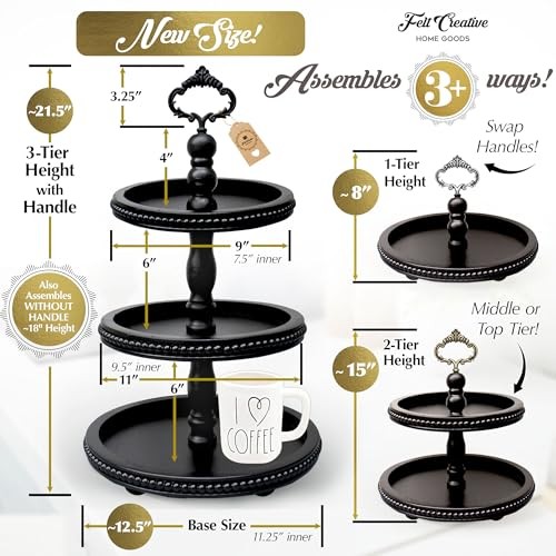 3-in-1 Wooden Tiered Tray Stand - Beaded 3 Tiered Tray Decor - 3-Tier Black gallery