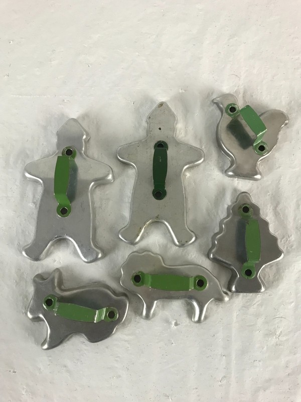 6 vintage Aluminum Green Handle Metal Cookie Cutters Animals, Tree & Man Shape
