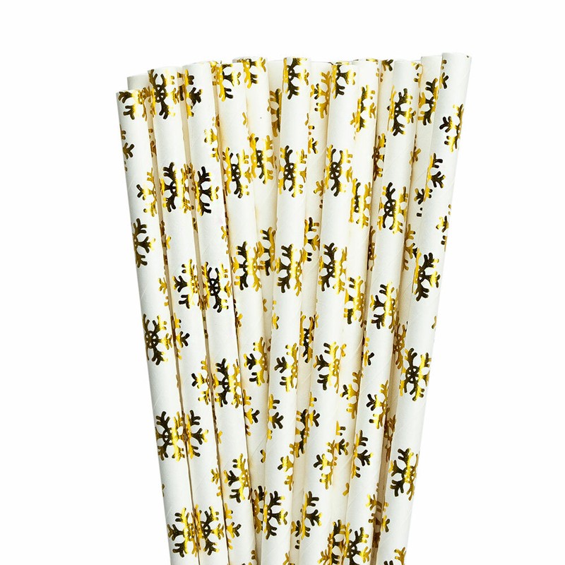 Christmas Metallic Gold Snowflake Printed Cake Pop Paper Party Straws