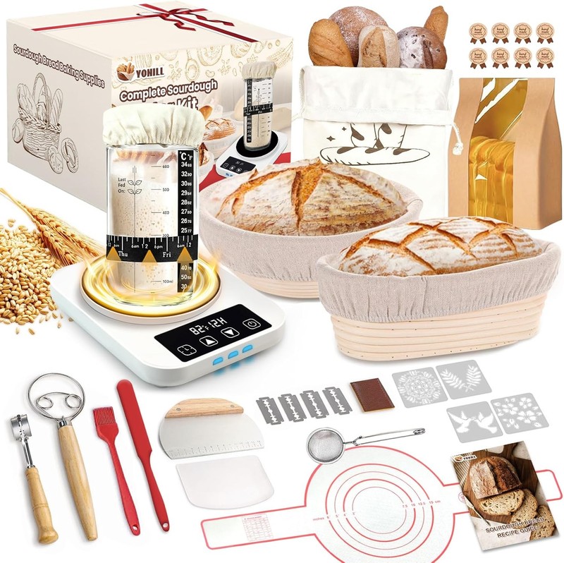 Sourdough Starter Kit with Warmer, Glass Jar and Banneton Bread Proofing