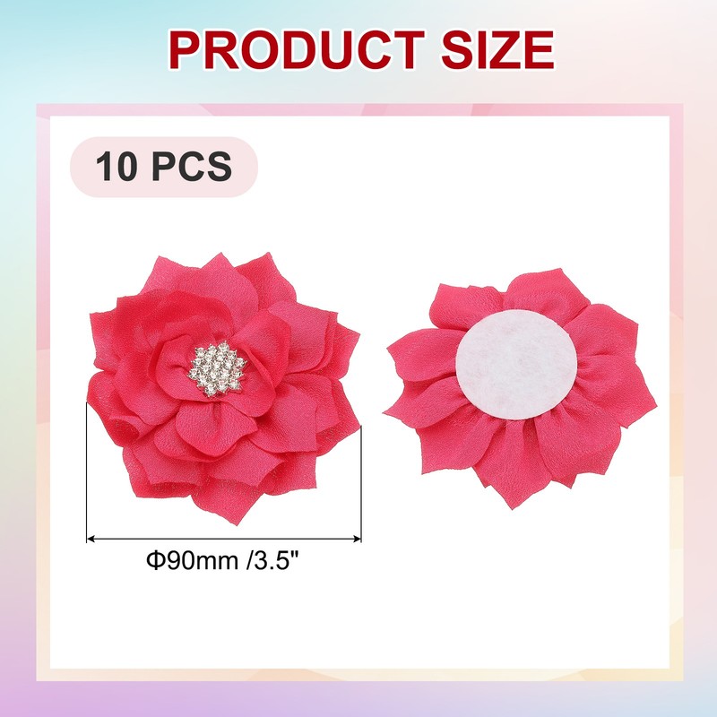 3.5" Rhinestone Pearl Chiffon Flower, 10 Pcs Sewing Fabric Appliques, Rose Red gallery