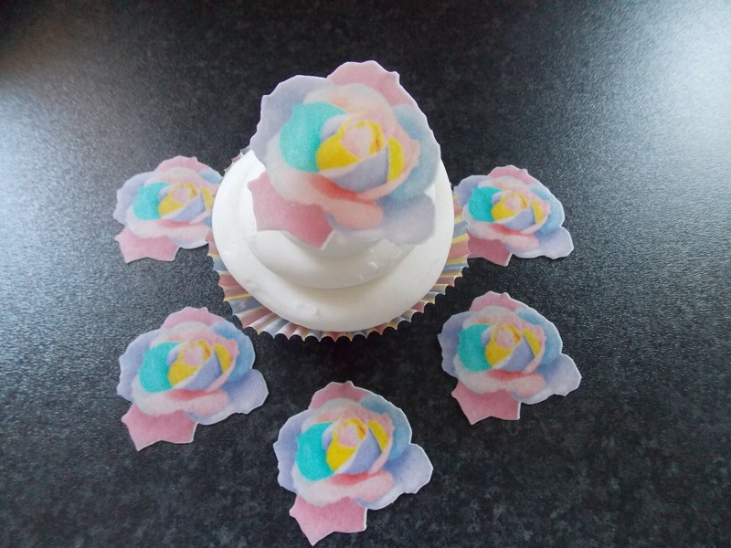 12 PRECUT Pastel Roses Edible wafer/rice paper cupcake toppers