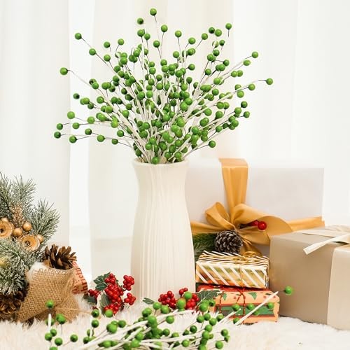 12 Pack Christmas Ornaments Artificial Berry Stems 14" Fake Holly Berry Green gallery