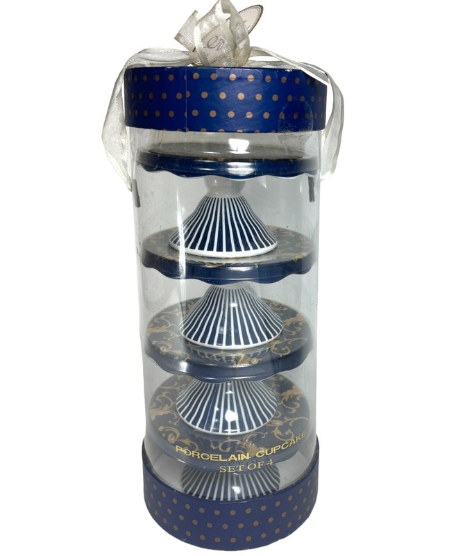 NEW Grace Tea Ware Porcelain Cupcake Stands – Set of 4 – Blue/Gold Victorian