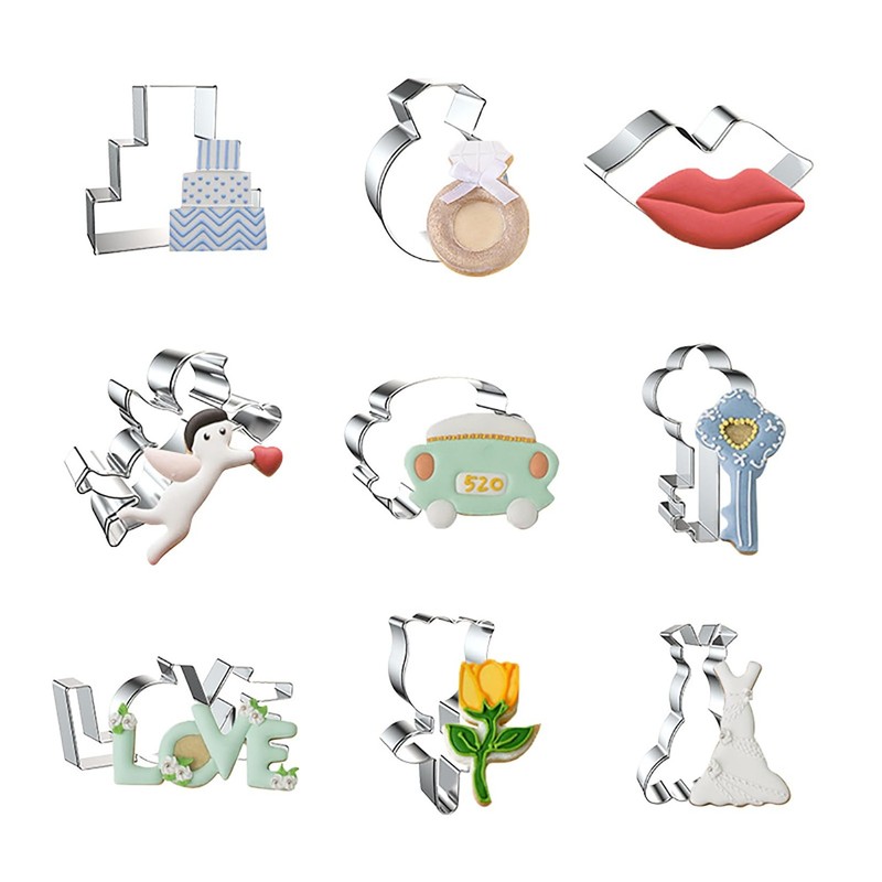 Wedding Cookie Cutters 9-Pc Set – Wedding Cake Diamond Ring Lips Cupid Weddin…