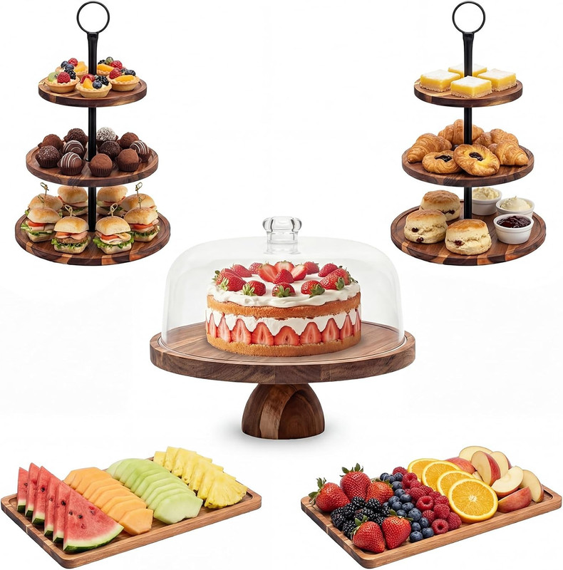 Wooden Dessert Display Set - 5 Pcs Acacia Cake Stands & Serving Trays