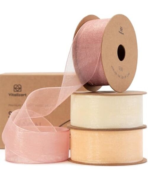 Cream & Rose Gold Organza Sheer Ribbon 1 inch x 30Yd rose gold&cream 3 rolls gallery