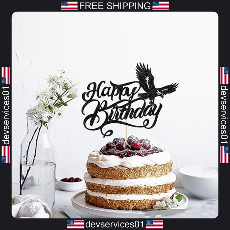 Bald Eagle Cake Topper for Birthday Party Black Glitter Decor gallery