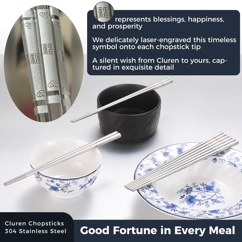 Premium 304 Stainless Steel Chopsticks Set (5 pair) - Reusable Metal Chopstic... gallery