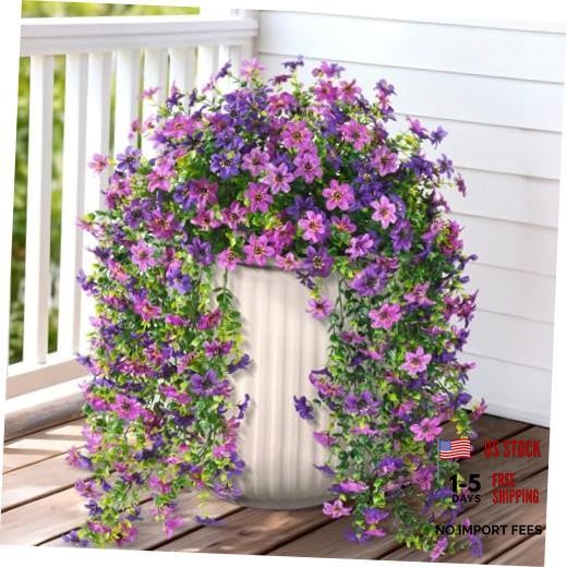 Artificial Hanging Flowers for Outdoors, 2 Pcs Fake Hanging Plant Double Purple