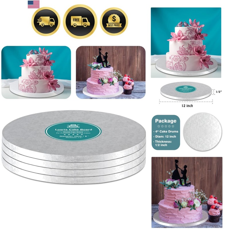Silver Cake Drum Round 12 Inch Cake Boards with 1/2-Inch Thick Smooth Edges f…