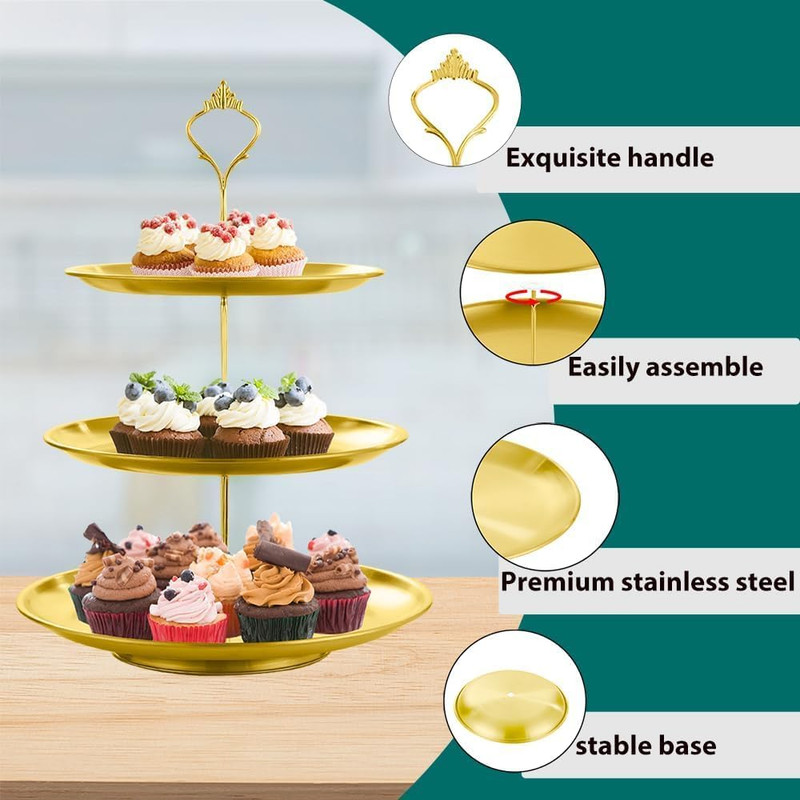 3 Tier Stainless Steel Cupcake Stand, Gold Metal Serving Tray Cake Holder Cake gallery