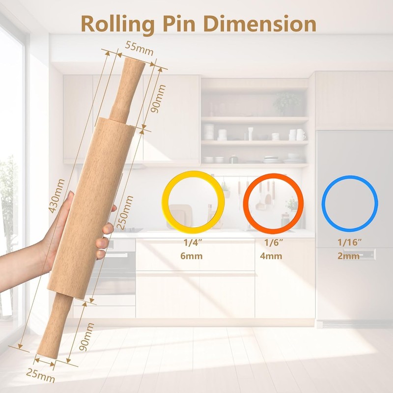 Wooden Rolling Pin with 3 Thickness Rings for Baking Pastries Pizza Dough gallery