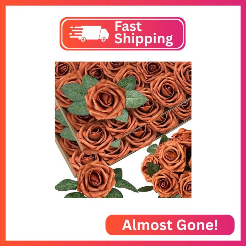 50pcs Artificial Flowers Burnt Orange Foam Fake Rose with Stems 12 Leaves Real L