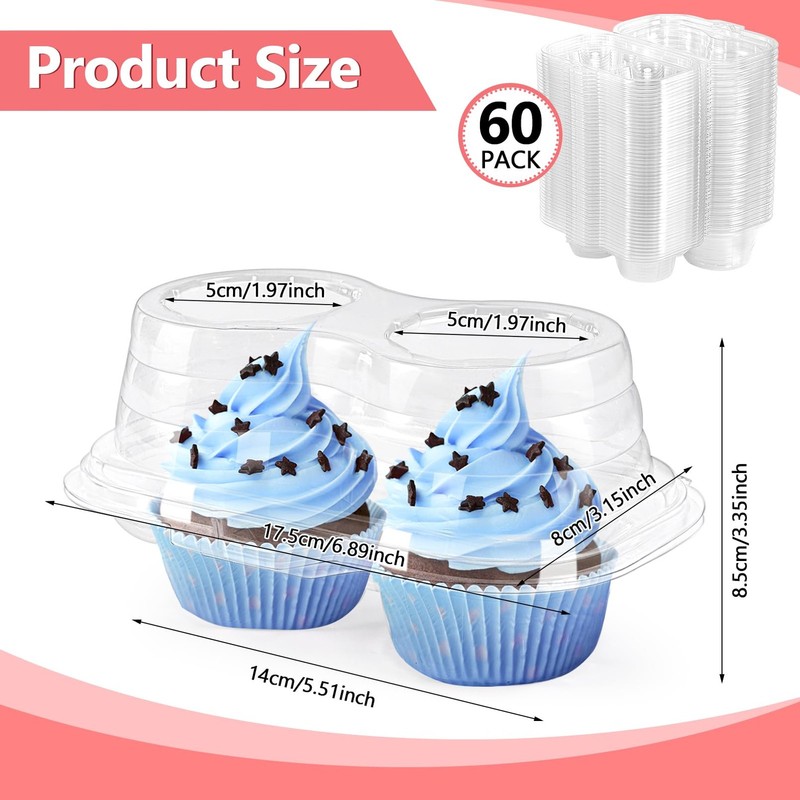 60 Pcs 2 Cavity Cupcake Boxes,Clear Plastic Cupcake Containers,2-Compartment ... gallery