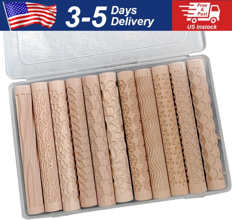 11pcs 15cm Wood Clay Roller Wooden Pottery Tools Wood Grain Texture Rollers