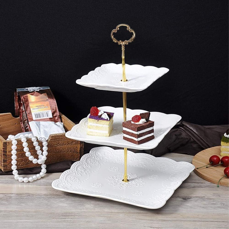 3 Tier Porcelain Cupcake Stand, Tiered Serving Cake Stand, Square White Embossed gallery