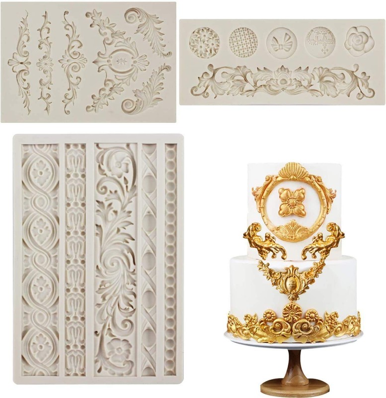 3PCS Baroque Fondant Molds Scroll Lace Silicone Cake Decorating Set