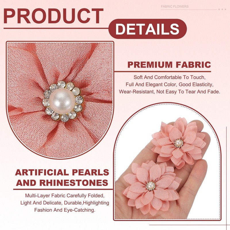 15Pcs 2" Fabric Flowers Rhinestone Pearls Sewing Fabric Flowers Pink gallery
