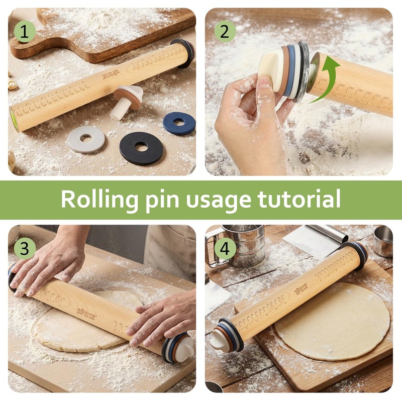 Rolling Pin with Adjustable Thickness Rings, Wooden Rolling Pin for Baking, 1... gallery