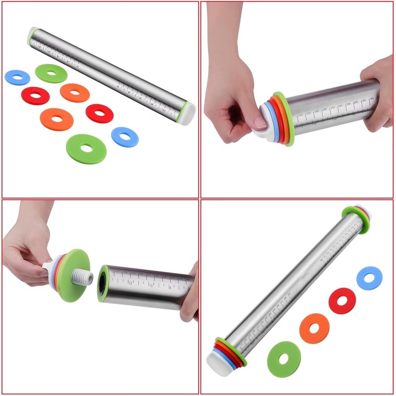 Stainless Steel Rolling Pin and Silicone Mat Set, Adjustable Thickness Rings ... gallery