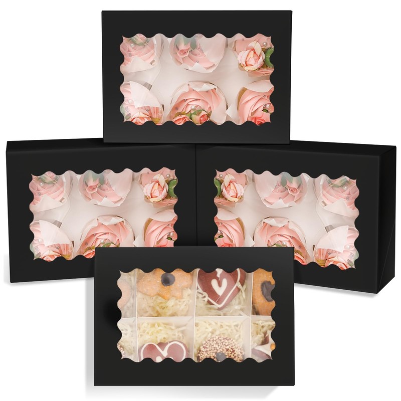 30 PCS 9×6.1×3.3 Inch Black 6 Cupcake Box Window Auto Pop Up Bakery Carrier