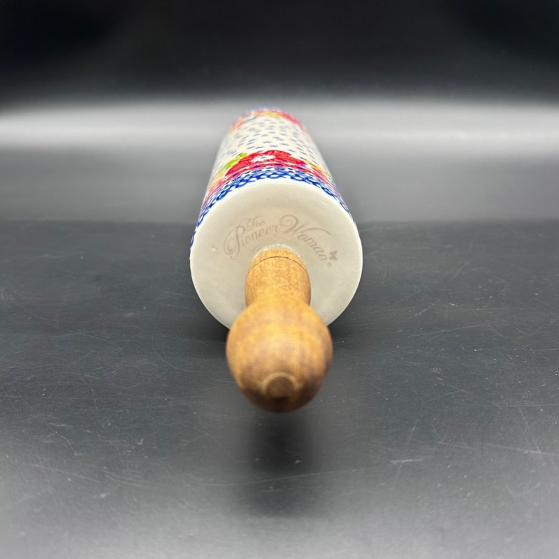Pioneer Woman Ceramic Rolling Pin Dazzling Dahlias Retired Acacia Wood Handles gallery