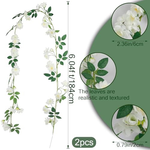 2 Pcs Artificial Flowers Garland for Outdoors Faux Gardenia Garland 12Ft White gallery