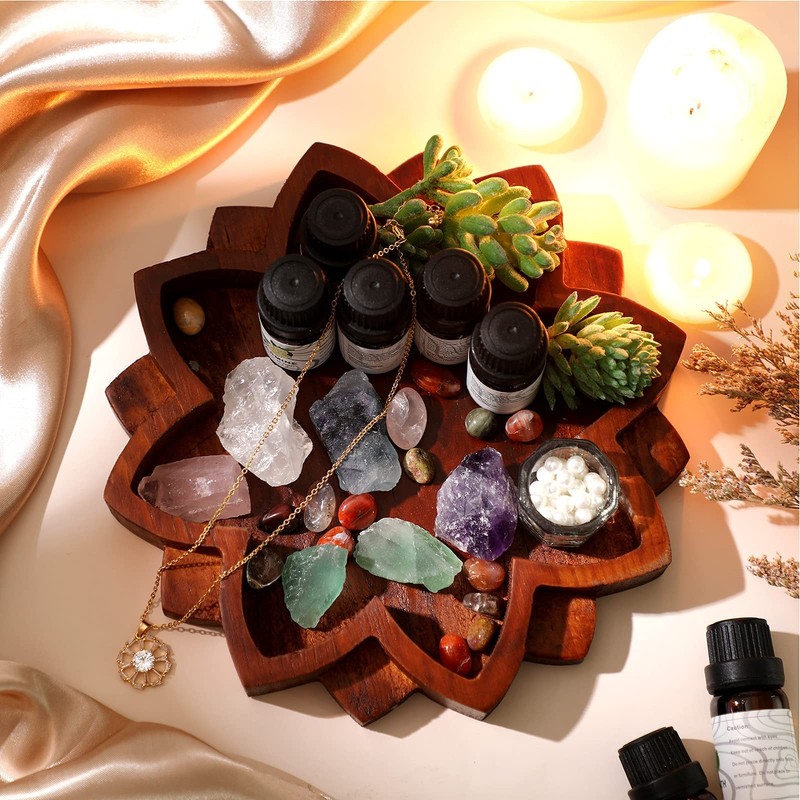 Lotus Crystal Tray for Healing Stones Wooden 7.9″ x x 1″, Brown