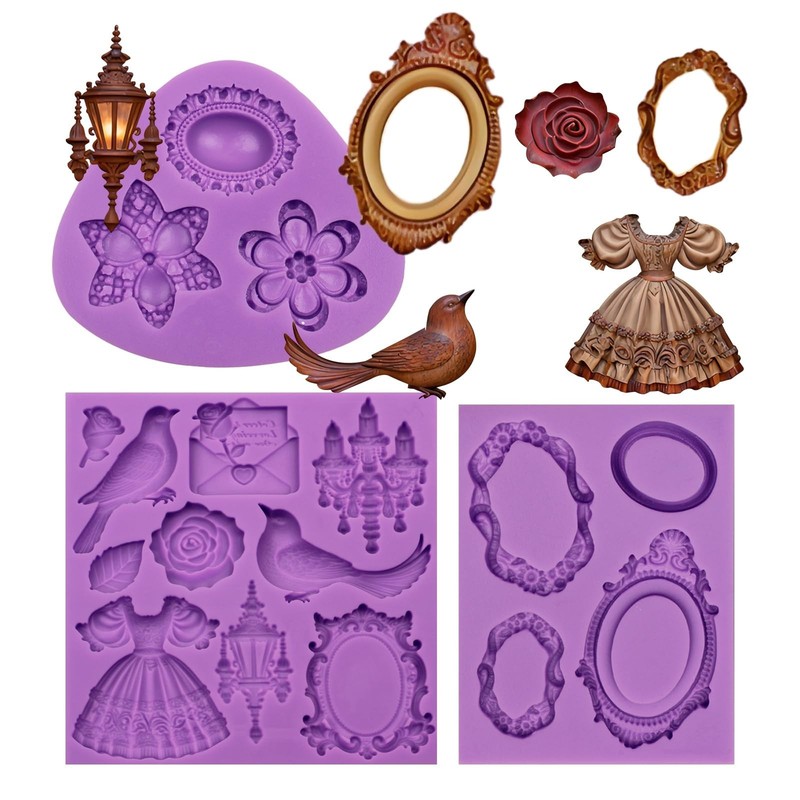 Vintage Fondant Molds Set – 3 Princess Dress & Photo Frame Chocolate Molds for C