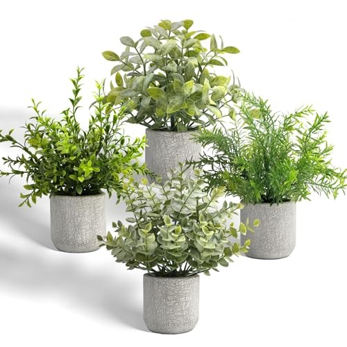 4 Pack Small Fake Plants in Farmhouse Concrete Planter, Artificial Plants