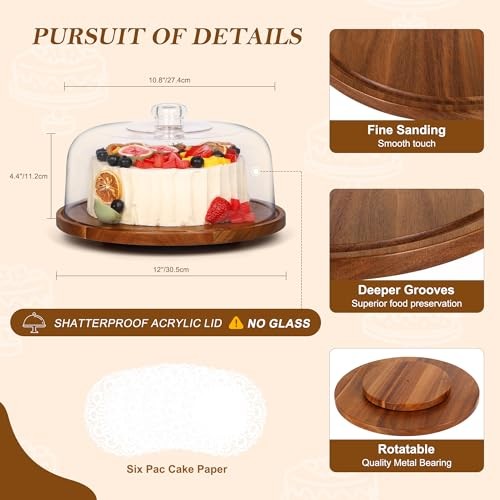 Cake with Dome Lid, 12in Acacia Wood Cake Plate with Cover, Wooden Cake Stand gallery