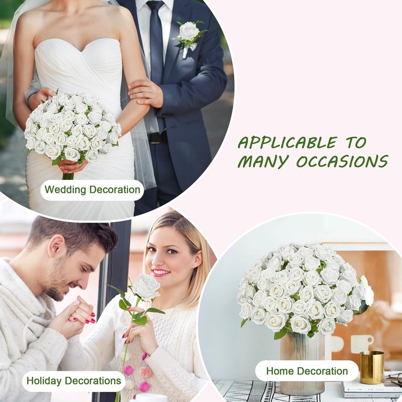 Uqueeten Artificial Flowers Roses White 100PCS 19.6" Bouquet gallery