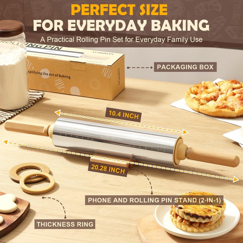 Adjustable Rolling Pin with Thickness Rings 304 Stainless Steel Dough Roller ... gallery