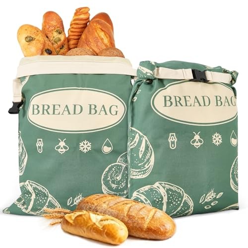 2 Pack Zippered Beeswax Bread Bags 17×13 Inch Large Cotton Sourdough Green