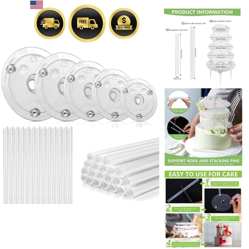5 Pieces Cake Separator Plates Stands with 24 Pieces Plastic Cake Dowels Rods...