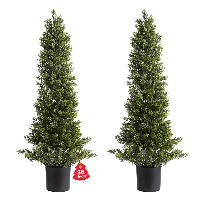 VEVOR Artificial Cedar Topiary Trees, 36 inch 2 Set Faux Pine Shrubs Plants, Fak