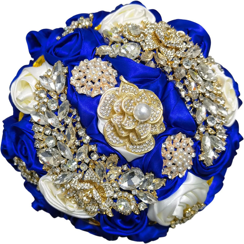Royal Blue Ivory Satin Rose Bridal Bouquet with Gold Pearl Brooch 7 Inch