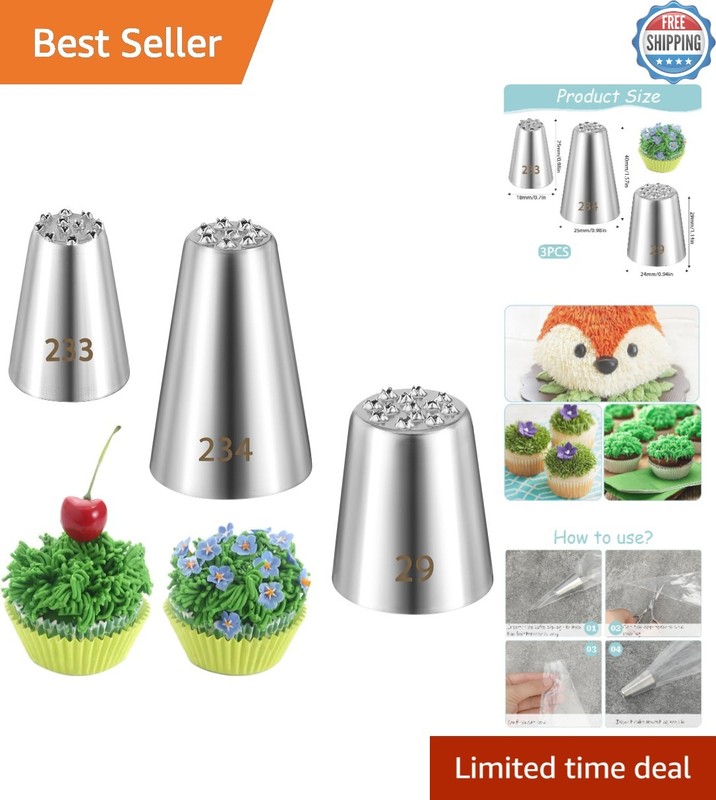 3PCS Stainless Steel Grass Piping Tips for Cake Decorating – Sizes 233, 234, 29