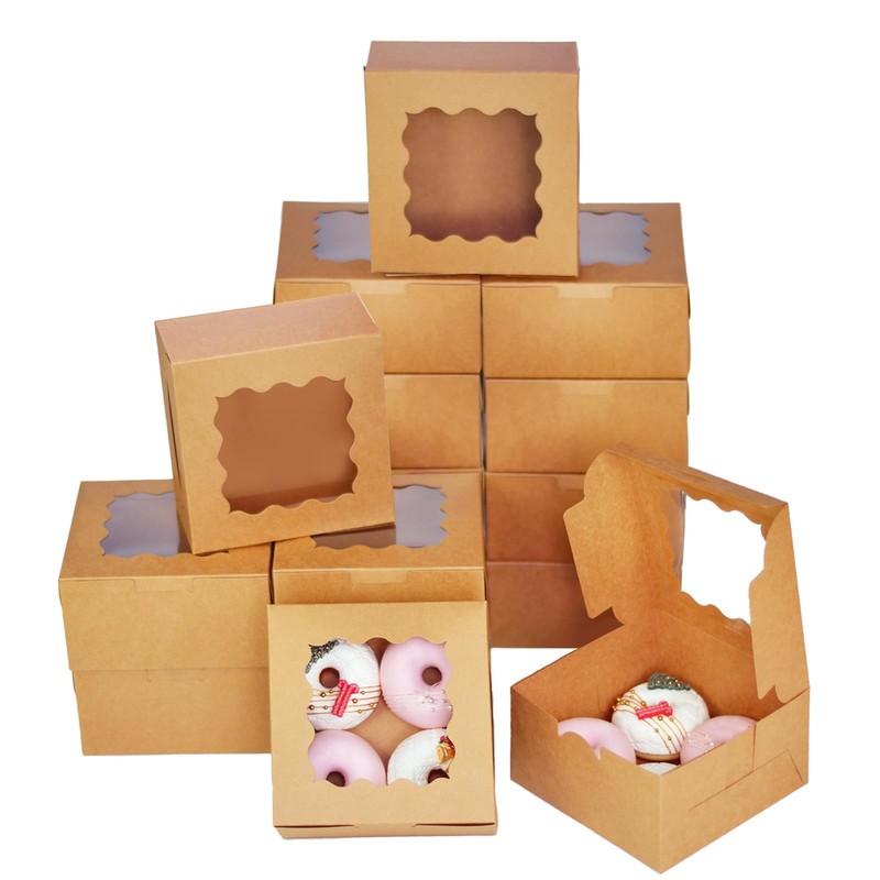 30 PCS Brown 6x6x3 Inch Bakery Treat Boxes Window Thick Sturdy Macaron Cookie