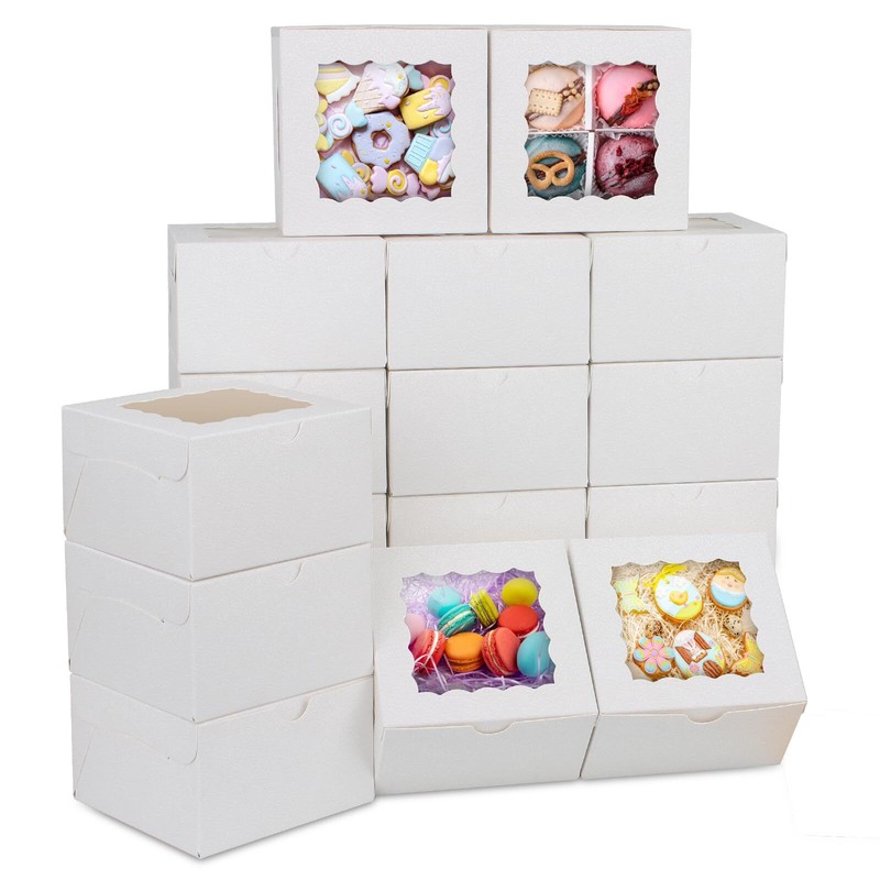 60pcs 4 x 4 x 2.5Inches Cookie BoxesBakery Boxes with Window White Small Trea…