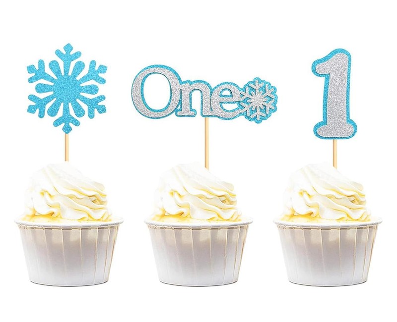 Keaziu 24 Pack 1st Birthday Cupcake Toppers Picks Blue Silver Glitter Snowflake