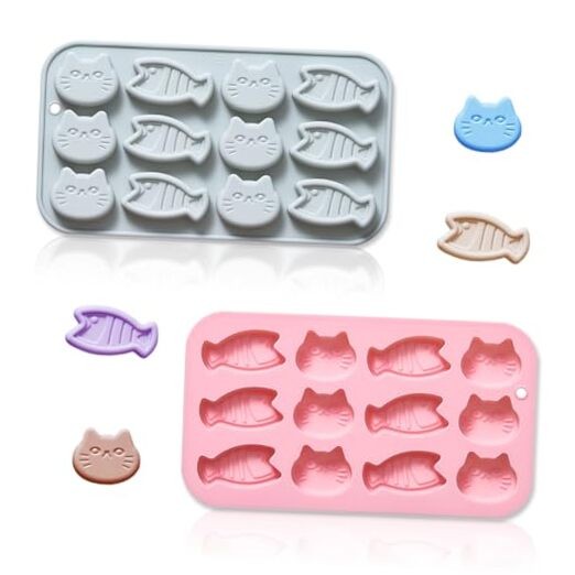 2 Pack Cat and Fish Shaped Silicone Mold, 12 Cavity 3D Mini Fishes Cat Treat