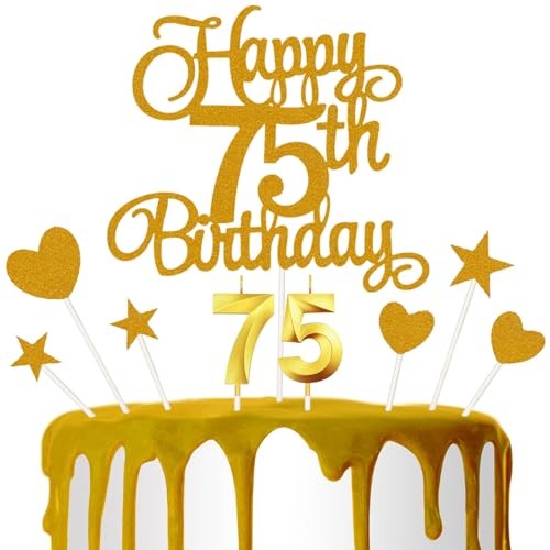 75th Happy Birthday Cake Decoration, 75th Birthday Candle Glitter Cake Golden gallery