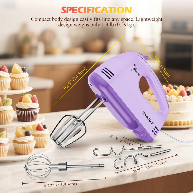 WADODO 7-Speed Electric Hand Mixer – Portable Food Mixer Kitchen Mixer with 3... gallery