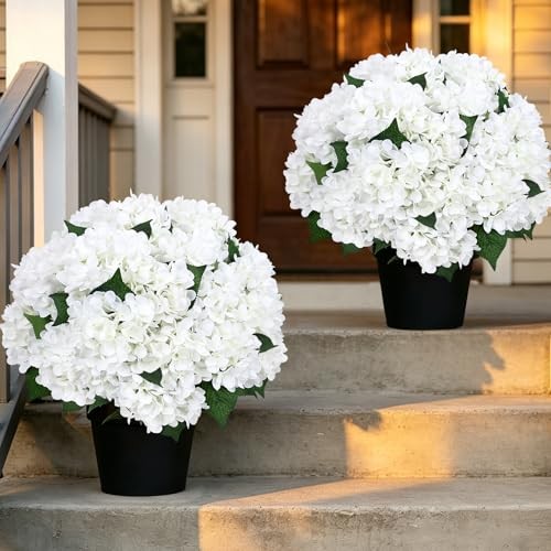 White Faux Hydrangeas Pre-Made Artificial Flowers - 2 Pack for Outdoor Use gallery